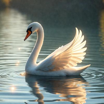 The primary subject of the image is a white swan floating on a body of water. The swan is the main focus of the image, and it appears to be the center of attention. The setting is a calm body of water, and the visual style is a photo. The colors in the image are predominantly white, which gives the scene a serene and peaceful atmosphere.